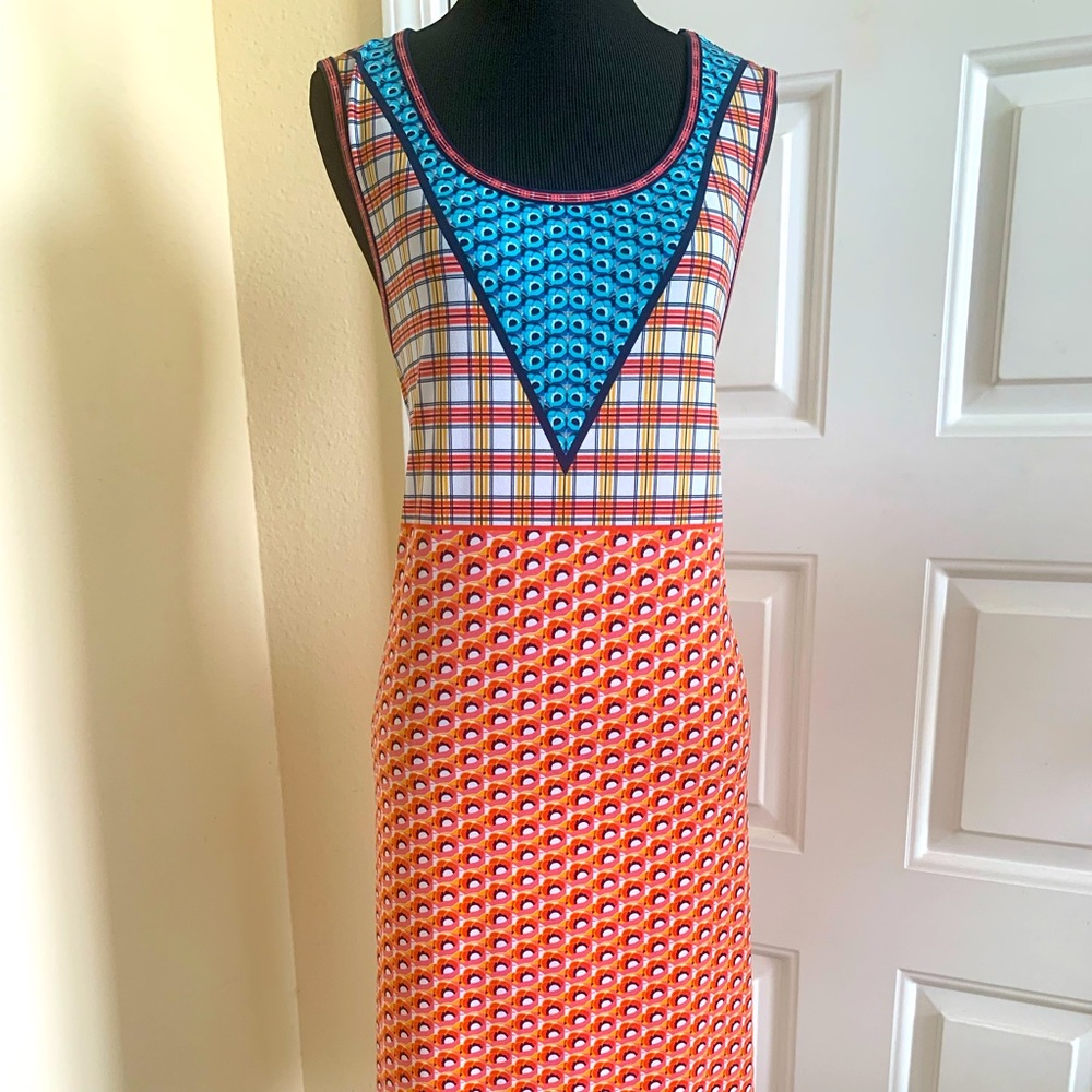 Max Edition Peach And Teal Mixed Pattern Jersey Sleeveless Shift Dress Size L